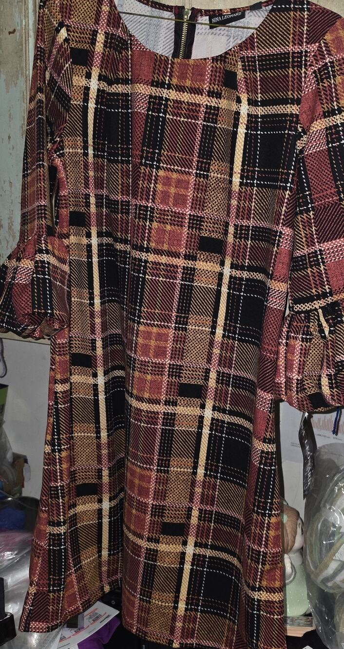 Nina Leonard Dress Size Large Fall Plaid Knee Length 3/4 Sleeve NWT